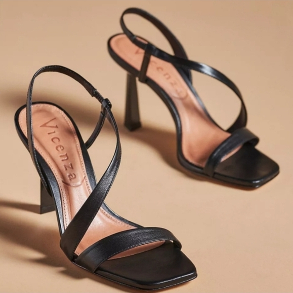 NWB | Anthropologie Black Strappy Heels | Size 38 | Formal | Leather